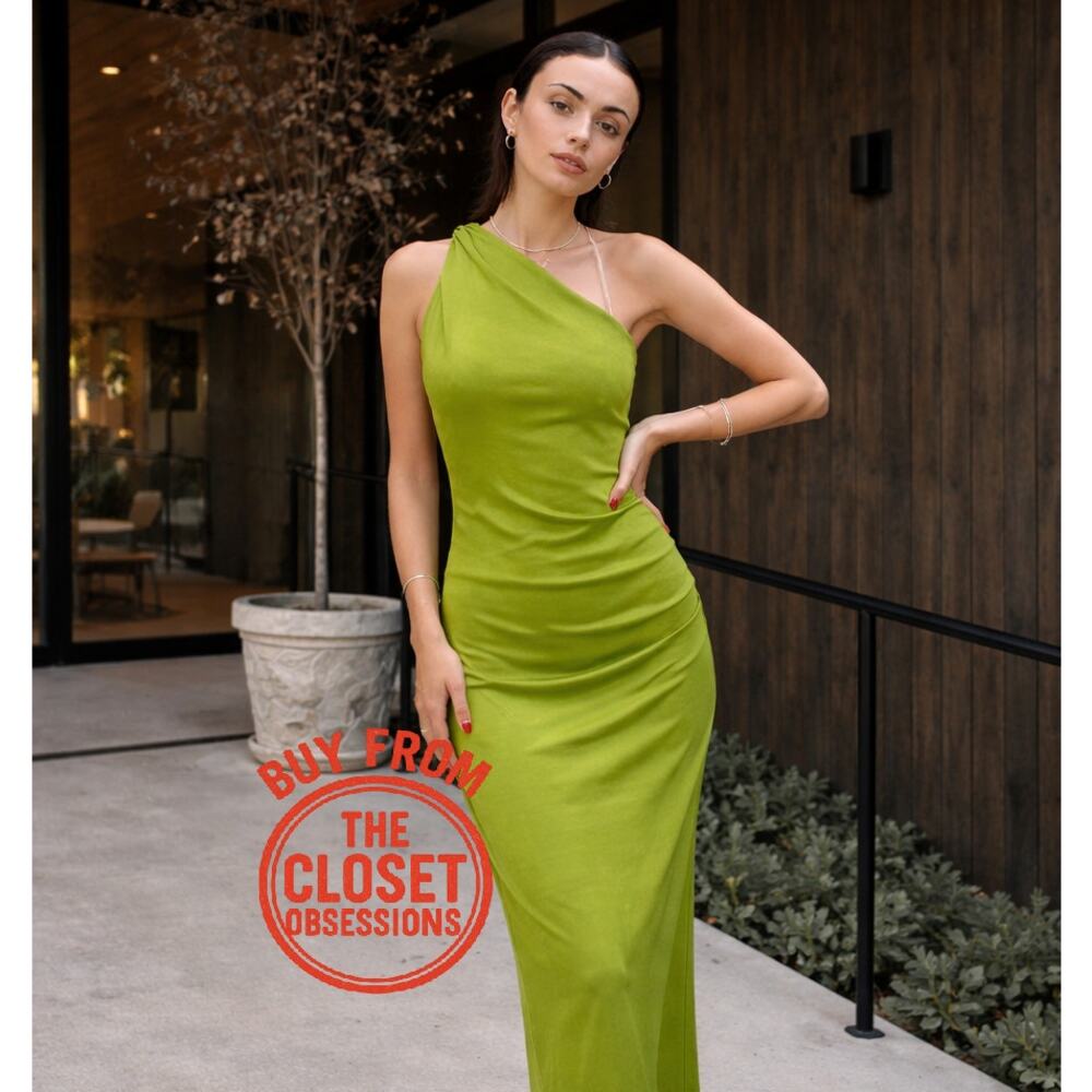 MANGO Green Asymmetrical Midi Dress NWT One Shoulder Wedding Guest Resort Dress - Picture 8 of 16